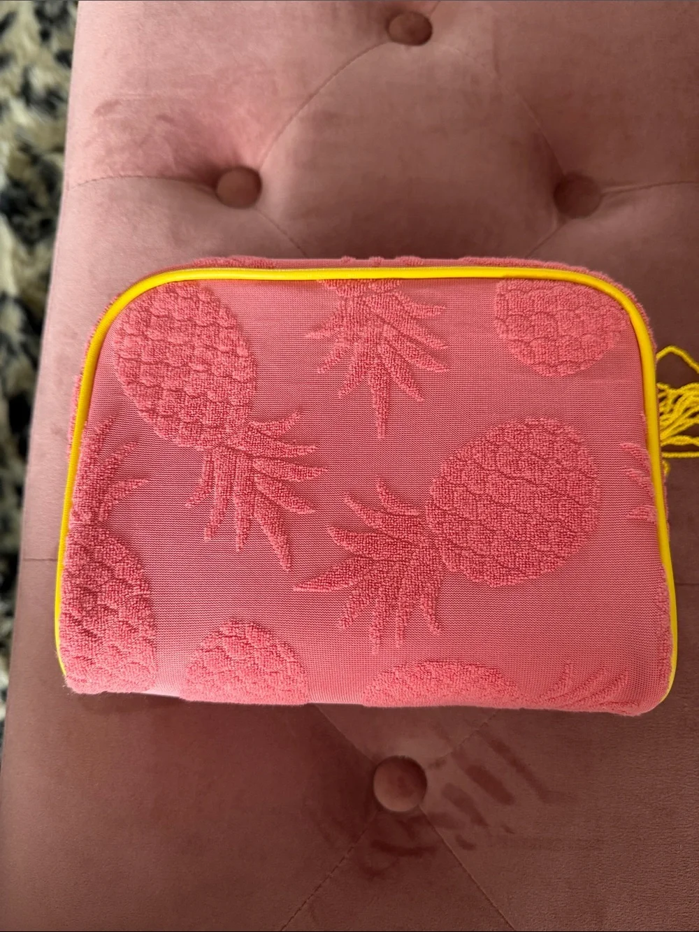 Bath & Body Works Coral Pink Pineapple Cosmetic Pouch with Yellow Trim